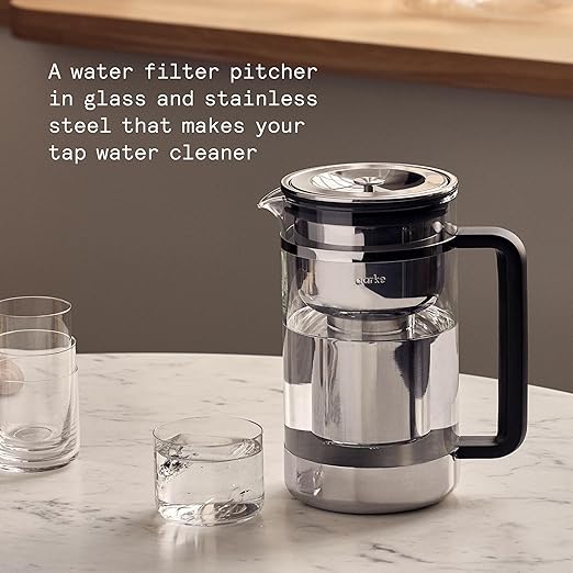 Aarke Purifier - Premium Glass and Stainless Steel Water Filter Pitcher, Refillable Filter System and Granules, 2.8L Pitcher with 1.66L Filtration Capacity
