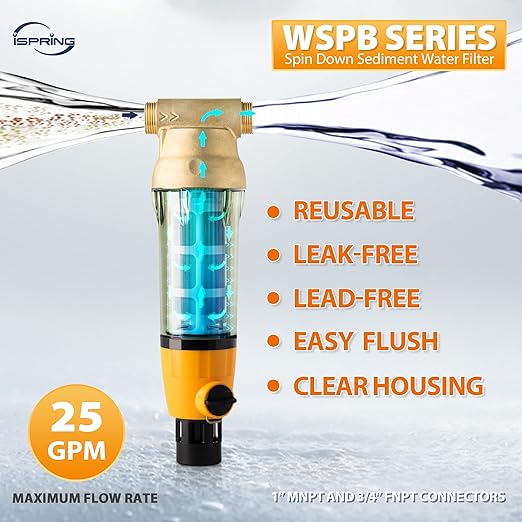 iSpring WSP100B Large Reusable Whole House Spin Down Sediment Water Filter with Built-in Housing Scraper and Brass Top Clear Housing, 100 Micron