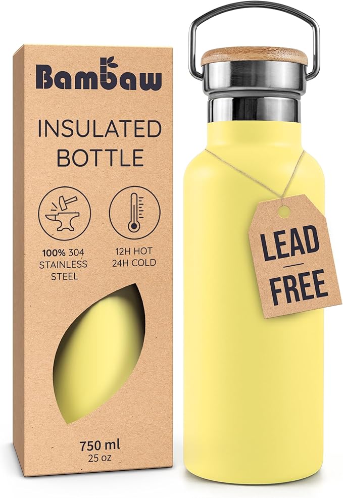 Bambaw 24 oz Insulated Water Bottle, Stainless Steel Water Bottle, Easy to Clean, Sleek & Durable, Wide Mouth Fits Tea Infusers, Lightweight, Great for Travel & Hiking (Yellow Beam)