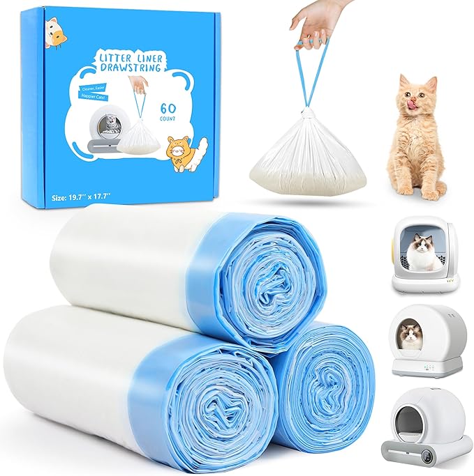 60 Count Self Cleaning Cat Litter Box Liners Bag Compatible with MeoWant MW-SC01,MW-SC02, Drawstring Heavy Duty Kitty Litter Receptacles Bags Fit For Automatic Cat Litter Box-17.7" x 19.7" - AquaVibe