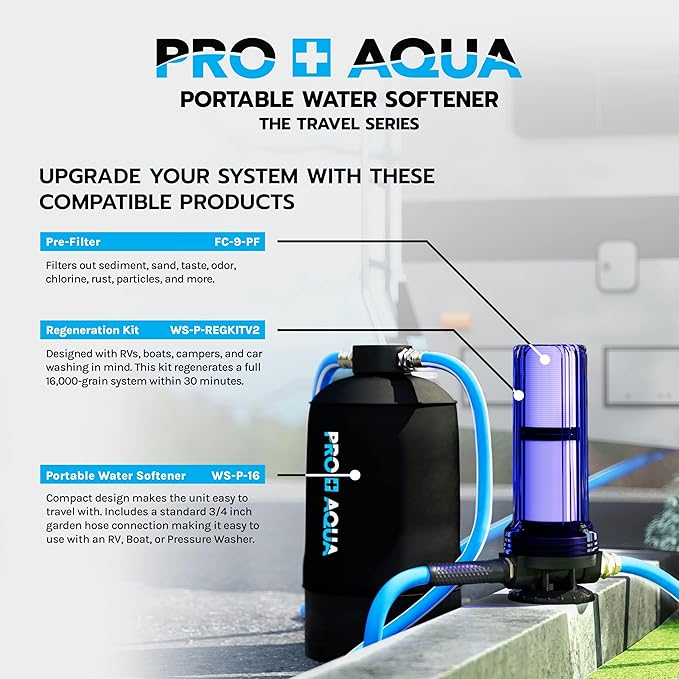 PRO+AQUA Portable RV Water Softener 16,000 Grains and Filtration System Bundle, Filter and Soften Hard Water for RV Trailers Vans