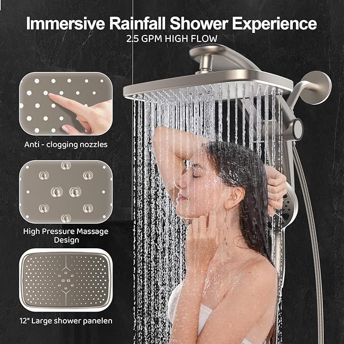 Rain Shower Head with Handheld High Pressure rainfall Shower Heads with Handheld Spray Combo Adjustable one-piece stand daul shower head Built-in Magnetic Docking and Power Jets-Nickel