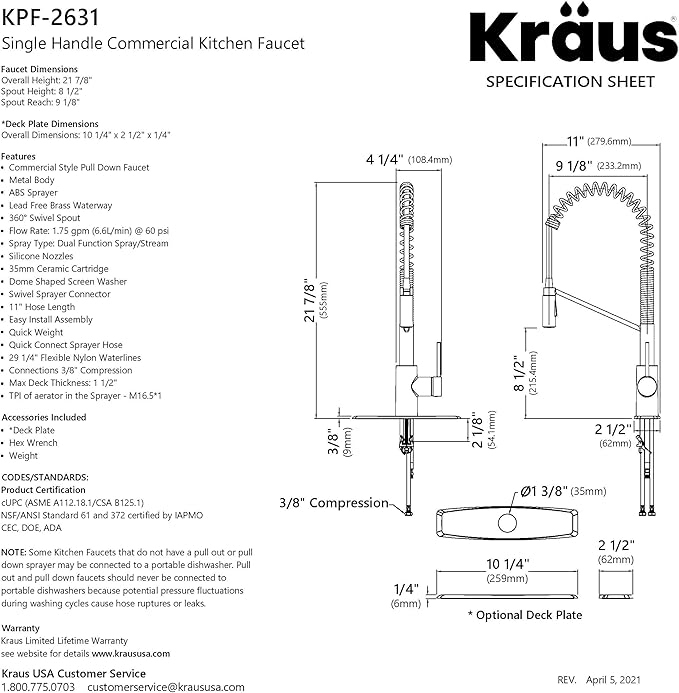 KRAUS Oletto Commercial Style Single Handle Pull Down Kitchen Faucet with QuickDock Top Mount Installation Assembly in Brushed Brass, KPF-2631BB