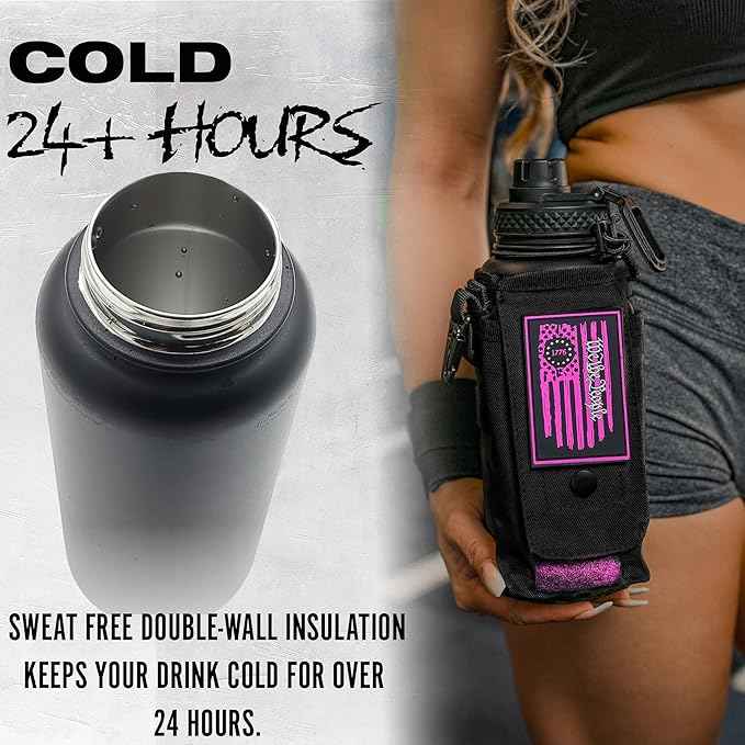 Iron Infidel Battle Bottle - 32 Oz Insulated Water Bottle with Straw Lid & Chug Cap, Stainless Steel Metal Flask Includes Rugged, Removable Sleeve for Keys, Wallet, & Phone (Valkyrie 1 Liter)