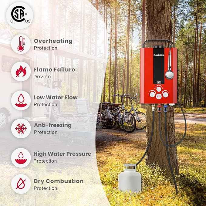 GASLAND Outdoors Tankless Water Heater Propane,1.58GPM 6L Portable Hot Water Heater,Overheating Protection,for RV Cabin Barn Camping Boat, Red, BE158R