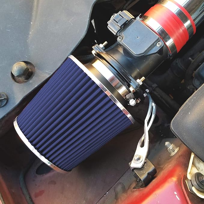 Mortar Aftermarket Auto Air Filter - Car Enthusiast Class Universal Cold Air Intake Gulps in More Air for More Engine Power & Passionate Induction Sound, 8-In-Long, Flange ID 3.5 In, Blue