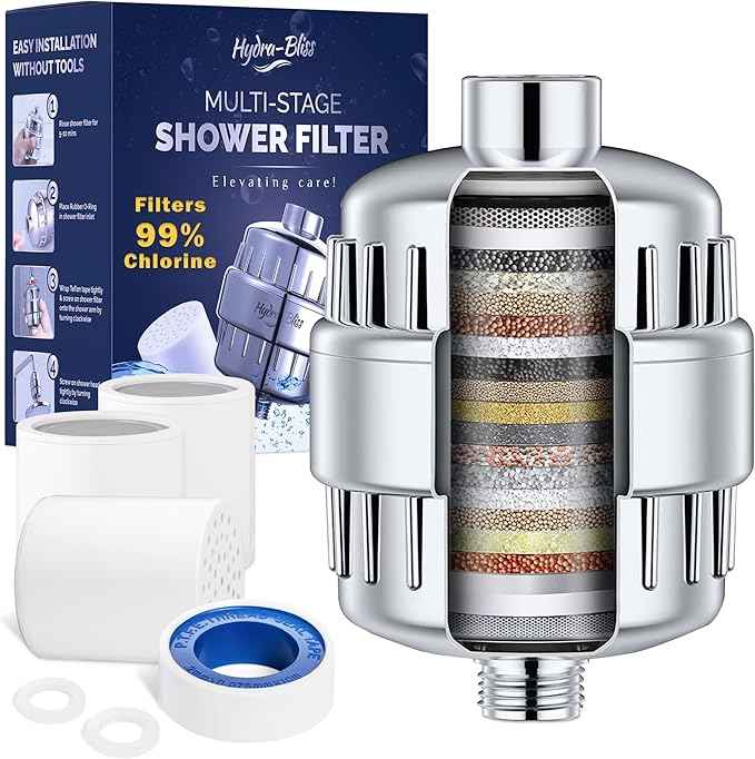 20-Stage Shower Filter: Vitamin C Enhanced, Hard Water Softener, Chlorine Removal, Revitalize Skin, Hair & Nails with 3 Long-Lasting Cartridges, Universal fit & Easy Installation