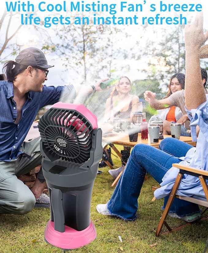 AVV Portable Misting Fan with RGB Ambient Light- 2L Water Tank, 4 Speeds & Spray Mist Fan, 30000mAh Rechargeable Misting Fans for Outdoor/Indoor Fans for Camping, Patio, Garden, Grey-Pink