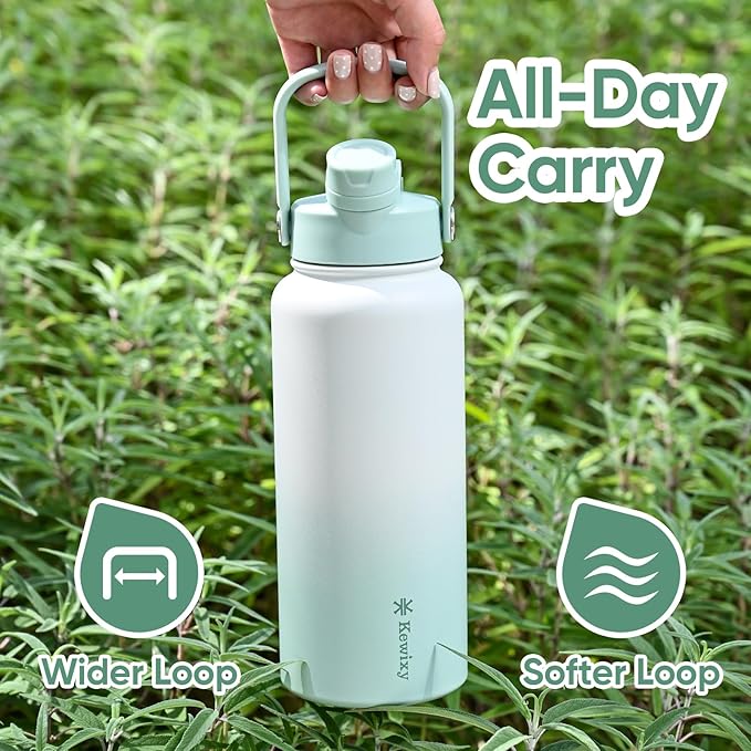 KEWIXY 32 oz Insulated Water Bottle, 2-in-1 Lid, Straw & Spout with Protected, Leak Proof, Keep Cold, Stainless Steel, Metal, Reusable, Handle, for Outdoor, Gym and School, 2 Lids, Iced Mint