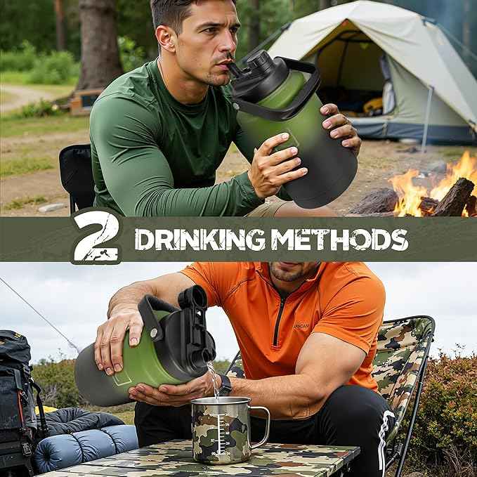 NATURE PIONEOR 1 Gallon Tactical Water Bottle Set, Stainless Steel 128 oz Sport Water Bottle with Tactical MOLLE Bottle Carrier Sleeve, for Outdoor Work, Gym, Hiking, Camping