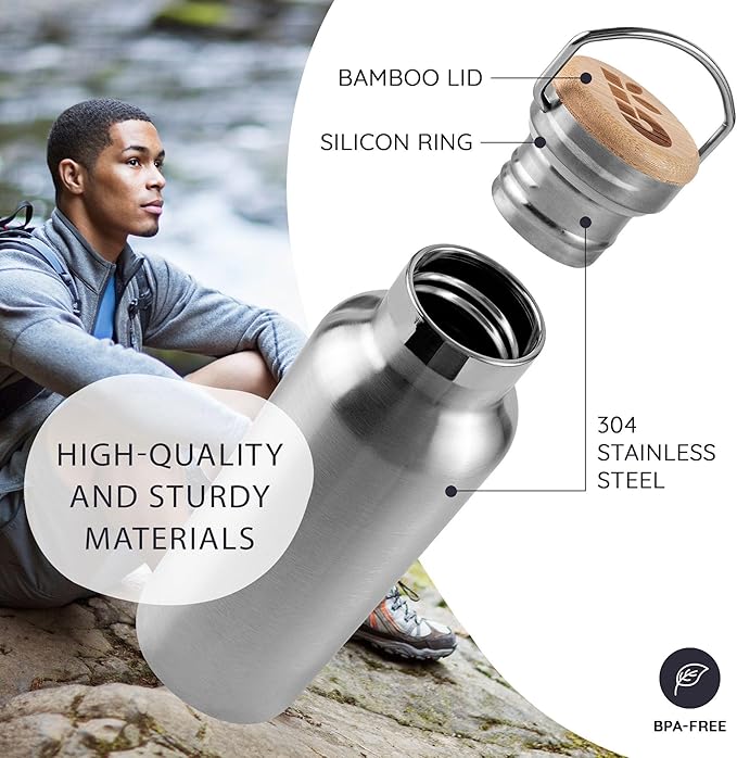 Bambaw Metal Insulated Water Bottle 16 oz, Stainless Steel Water Bottle Insulated, Reusable, Keeps Drinks Cold for 24h Cold & Hot for 12h, With Wide Mouth That Fits Tea Balls (Natural Steel)
