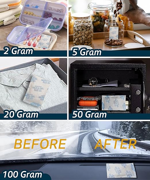 Premium 50 Gram 10 Pcs Desiccant Silica Gel Packets with Color Indicating - Rechargeable Moisture Absorbers for Food Grade Silica Packets for Foods, Seeds, 3D Filaments, Electronics, Safes