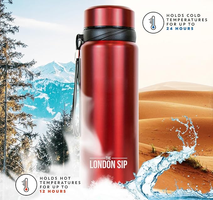 The London Sip 25 oz Multi-Function Travel Mug and Tumbler Tea Infuser Water Bottle Fruit Infused Flask Hot and Cold Double Wall Stainless Steel Coffee Thermos, Sacred Red, Pack of 2