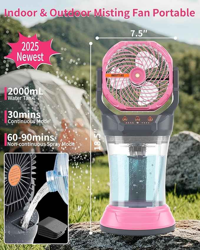 Portable Misting Fan with Large Battery Fan-Rechargeable Outdoor Misting Cooling Fans with 2L Water Tank,RGB Lights,4 Speeds & Spray Modes-for Patio, Camping, Beach, Workshop (Gray-Pink)