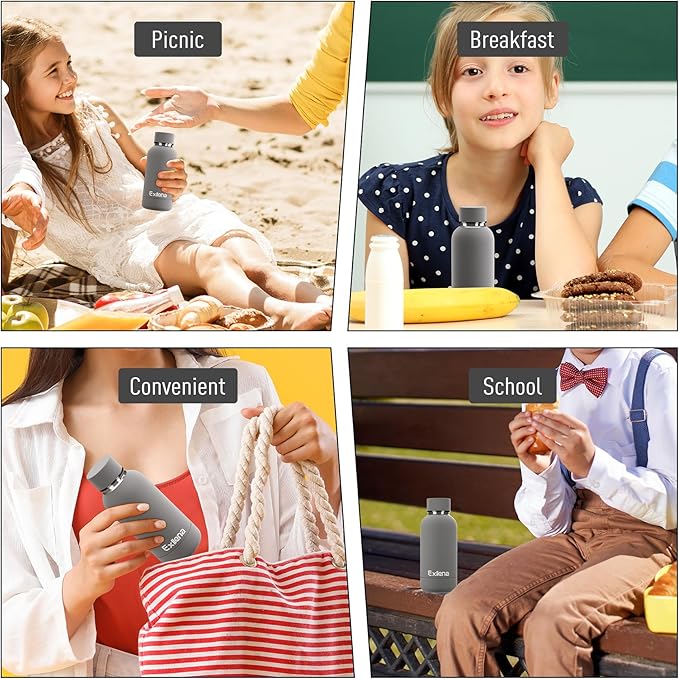 Exllena Small Water Bottle 12oz with Clip, Double Wall Stainless Steel Vacuum Small Insulated Water Bottle Keeps Drinks Cold 24 Hrs/Hot 12 Hrs for Kids Handbag School BPA Free (Grey)