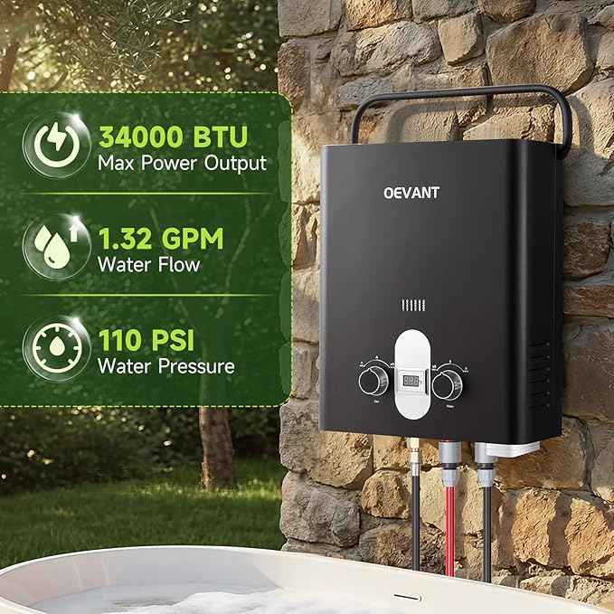 Propane Water Heater, 1.32 GPM 5L Portable Tankless Water Heater with Overheating Protection, Upgrade Screw-free Back Shell, Instant Hot Water for RV Camping, Outdoor Shower (BLACK)