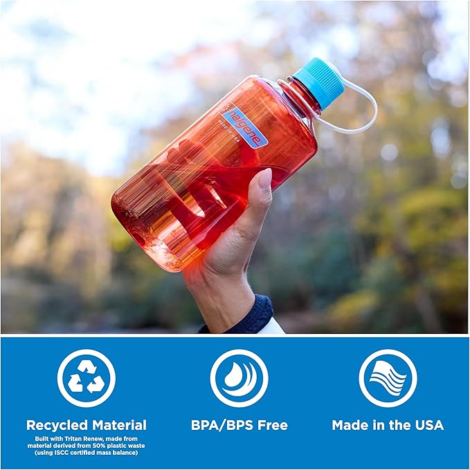 Nalgene 32 oz Narrow Mouth Water Bottle | BPA-Free, Durable & Leak Proof, Lightweight for Gym & Office – Thrill & Motion, Flame w/Blue Atoll