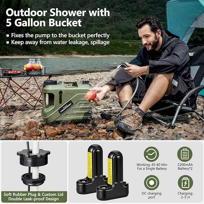 Portable Shower for Camping with Integrated Design – Spill-Resistant, Electric Camping Shower, 5-Gallon Food-Grade Water Jug for Outdoor, Beach, Hiking, Dog Wash, 2 Batteries