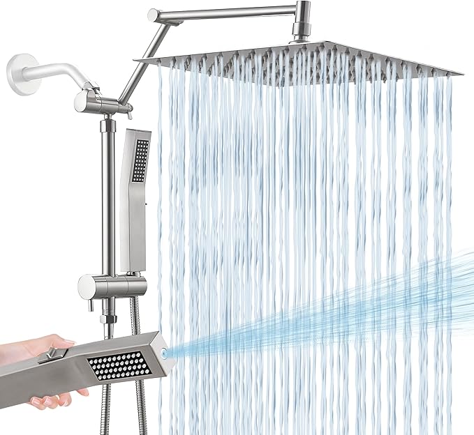 All Metal 12 Inch Rain Shower Head with Handheld Spray Combo, High Pressure Waterfall Rainfall Square Shower Heads with 16