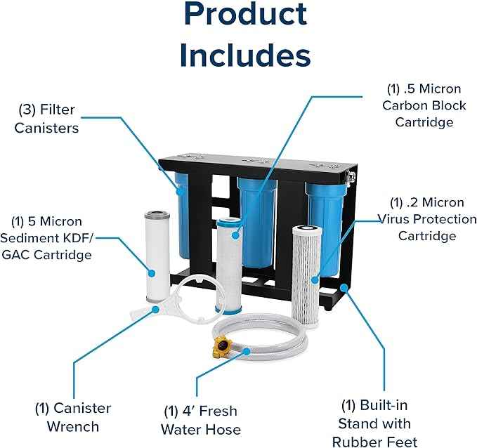 Camco Evo X3 Triple Stage Premium Camper/RV Water Filter Kit | Features 3 Replaceable Cartridges to Remove Sediments, Chlorine, Bad Tastes, Odors, Viruses, Bacteria, Contaminates, and More (40649)