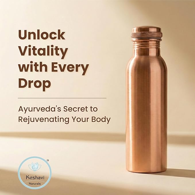 Keshavi Plain Copper Water Bottle (34 Oz /1000ml)| Pure Copper Drinking Water Bottle - Ideal for Home, Office, Gym & School | Heavy‑Duty, Leak‑Proof Material