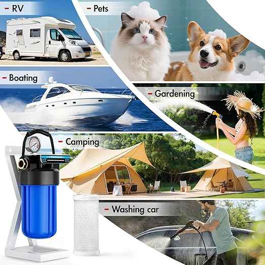 6-Layer RV Water Filter with Stand, 0.5 Micron Filtration, 3/4" GHT Metal Threads for RV & Camping,Reduces Sediments, Chlorine, VOCs, Heavy Metals, Bad Taste & Odor
