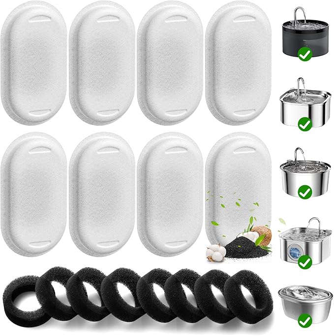 16 Pack Cat Water Fountain Filters for 108/3.2L& 67oz/2L Stainless Steel Pet Water Dispenser Cat/Dog Fountain Filter Replacement(8 Filters & 8 Sponges)