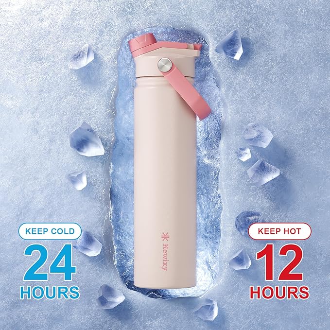 KEWIXY 24 oz Insulated Water Bottle, 2-in-1 Lid, Straw & Spout with Protected, Leak Proof, Keep Cold, Stainless Steel, Metal, Reusable, Handle, for Travel, Gym and School, 2 Lids, Blush Pink