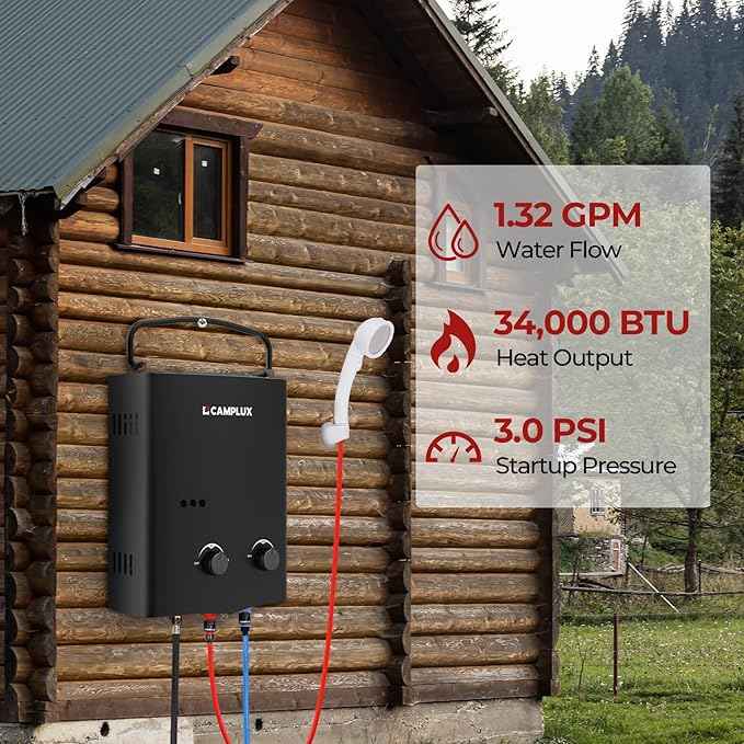 CAMPLUX 5L Portable Propane Gas Tankless Water Heater, 1.32 GPM Tankless Water Heater With 1.2 GPM Water Pump, AY132BP43, Black
