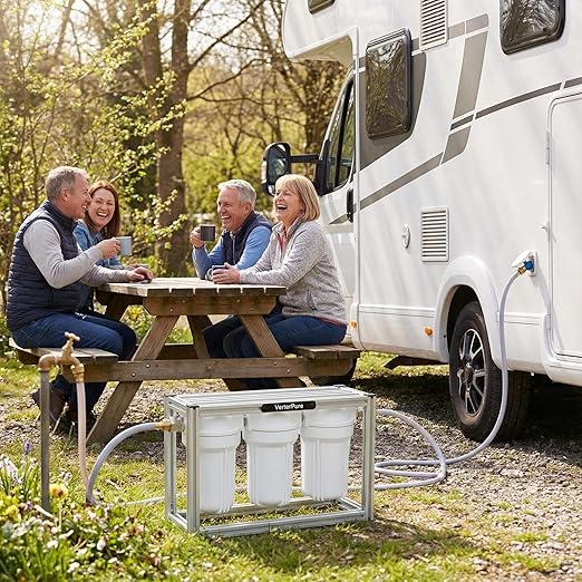 S3 Mini External 3-Stage RV Fresh Water Filter System, Compact, 5 Inch Filters, 3/4" GHT Stainless Steel Fittings, Reduce Sediment, Chlorine, Odor, All Aluminium Free-Standing Chassis, Silver
