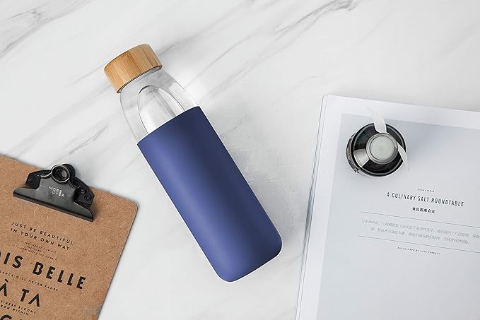 veegoal 18 Oz Borosilicate Glass Water Bottles with Bamboo Lid, BPA-FREE, Non-Slip Silicone Sleeve, and Stainless Steel Leak Proof Lid - Reusable Glass Bottle for Men and Women