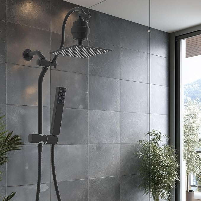 Hibbent All Metal 10'' Filtered Rainfall Shower Head, High Pressure Showerhead combo with 4-mode Handheld Spray, 12'' Extension Arm, Extension Bar with Holder, Shower Filter, Matte Black