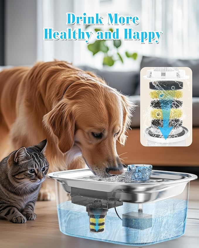 Lesotc 3 Galon Stainless Steel Dog Water Fountain for Large Dogs, Pet Water Fountain with 2 Filters, Automatic Dog Fountain Dog Water Bowl Dispenser Indoor, Quiet Pump, Dishwasher Safe