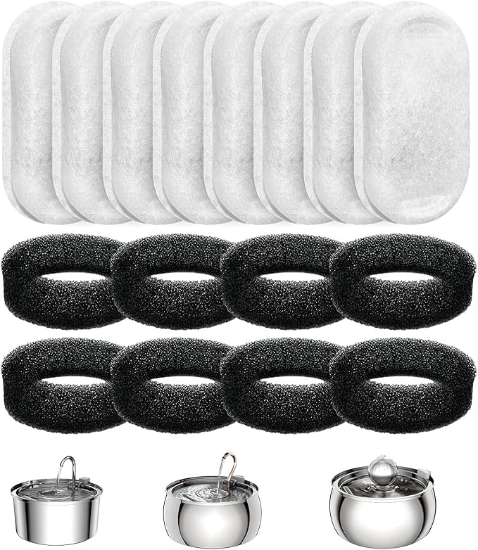 Official Replacement Filters for Tomxcute Cat Water Fountain 108oz/3.2L and 135oz/4.0L, 8 Pack Filters & 8 Sponges Foam Filter