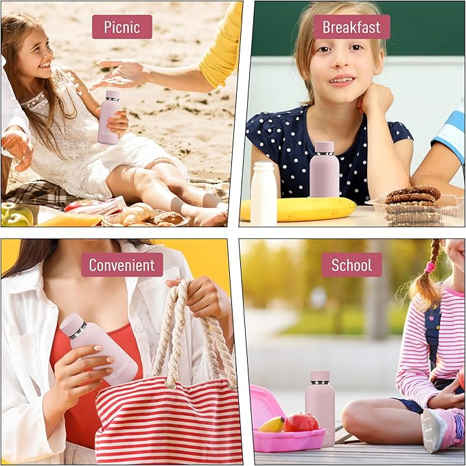 Exllena Small Water Bottle 12oz with Clip, Double Wall Stainless Steel Vacuum Small Insulated Water Bottle Keeps Drinks Cold 24 Hrs/Hot 12 Hrs for Kids Handbag School BPA Free (Pink)