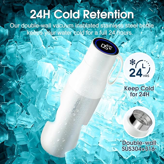 VSITOO 15oz Smart Self Cleaning Water Bottle，Insulated Water Bottle with Stainless Steel, BPA-Free, AI Self-Clean, 30-Day Battery, Magnetic Charging for Travel, Gym or Office, White