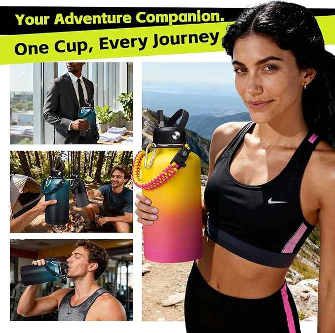 1/2 Gallon Water Bottle Insulated - Keep Cold 48H, with Carrier Pouch, Straw & Auto Spout Lid, Paracord Handle & Protective Boot, 64oz Water Jug Half Gallon Stainless Steel Flask Set
