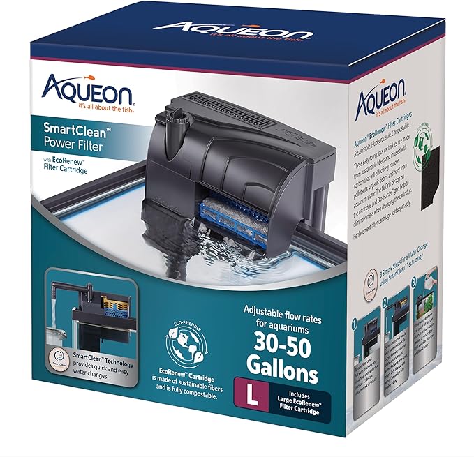 Aqueon SmartClean Power Filter with EcoRenew Filter Cartridge, Quick and Easy Water Changes, Quiet Operation, Adjustable Flow, for 30-50 Gallon Freshwater and Saltwater Aquariums, Large - AquaVibe
