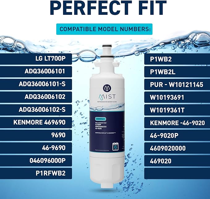 Mist ADQ36006101 Refrigerator Water Filter Replacement for LG LT700P, ADQ36006102, Kenmore 469690, Fridge LFX25978SB – NSF 42 Certified – 2 Pack