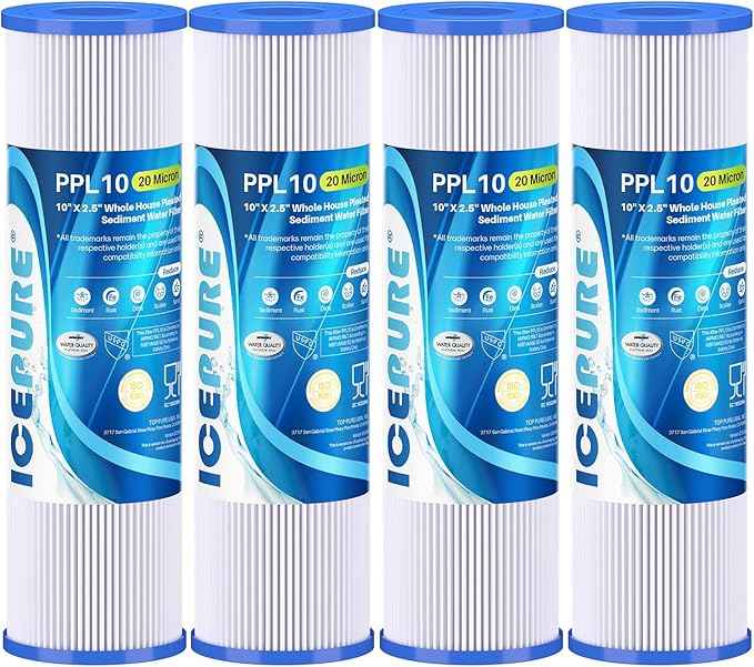ICEPURE 20 Micron 10" x 2.5" Pleated Sediment Cartridge Replacement Universal Whole House Pre-Filter Compatible with R50, Dupont WFPFC3002, Whirlpool WHKF-WHPL, GE FXWPC, Any 10 inch RO Unit, 4PACK