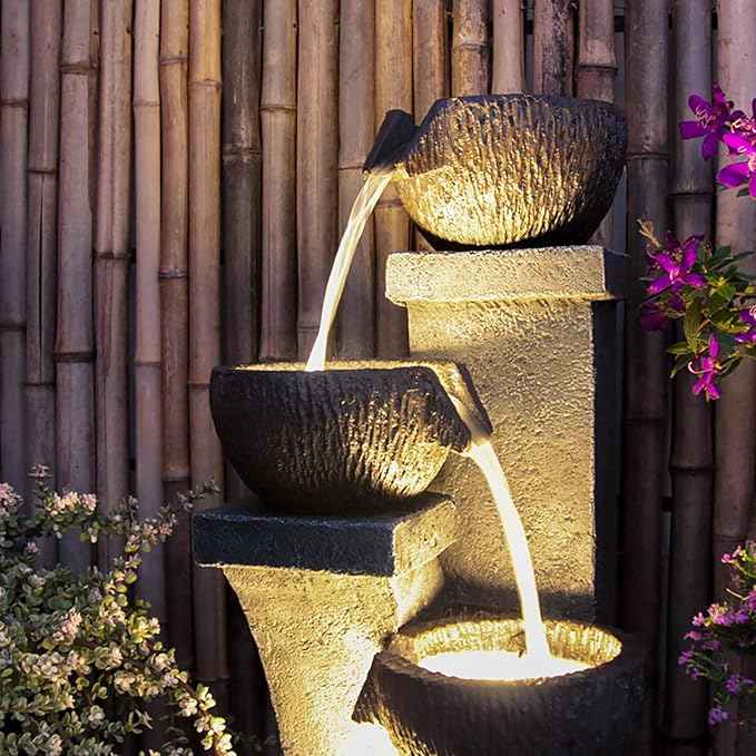 Supmix Outdoor Garden Water Fountain for Garden Patio Backyard Deck Porch and Home Art Decor 4 Tiers Modern Cascading Outdoor Fountains with Lights 37.4”H