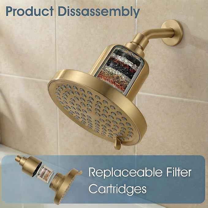 Fixed Shower Head ＆ Filter COMBO ! Anti - Chlorine Hard Water Filtered Shower Heads- 7 Sprays High Pressure Showerheads with 25 Stage Filtration (Brushed Gold)