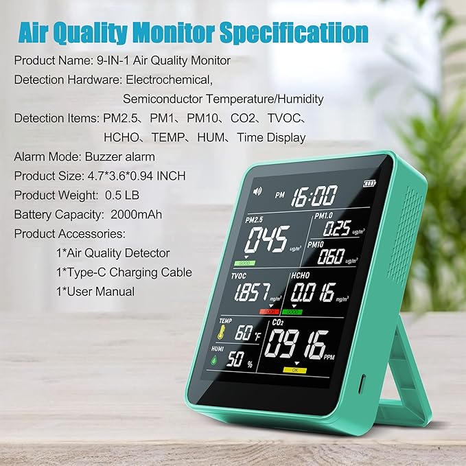 XOOPON 13-in-1 Indoor Air Quality Monitor with PM1.0/2.5/10, CO2, HCHO, TVOC, Temp, Humidity & Time, 4 Alarm Modes, Portable Air Quality Tester for Home, Office, Car, Wall-Mount or Desktop Use
