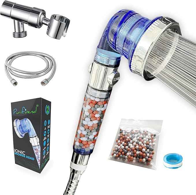 Hard Water Filter Showerhead - Ion Drops Shower head (5 Accs) The Only one With 100% Brass Shower Holder/Anti-Twist Hose/spare rocks - Rainfall Filtered Handheld Shower Head