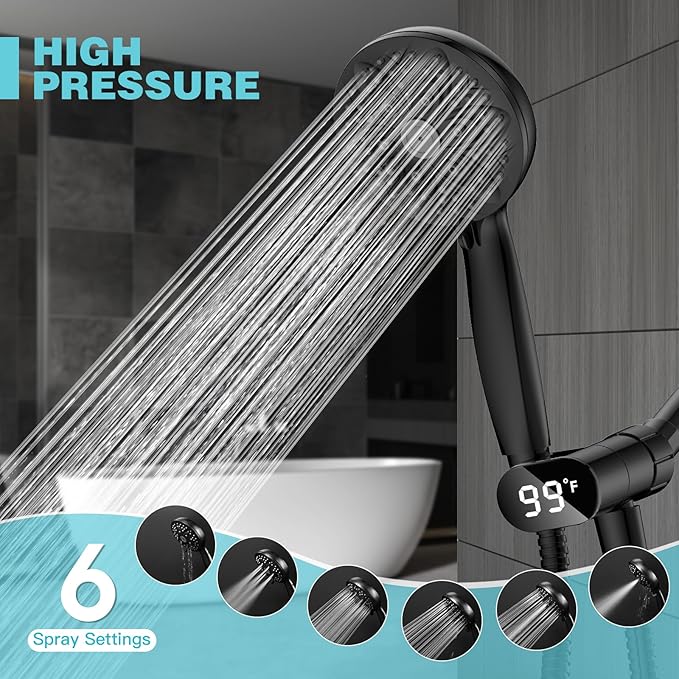JDO Handheld Shower Head with LED Display Temperature -High Flow Showerhead with 6 Different Shower Modes - Easy-to-Clean Functions - Shower Hose Shower Holder Included