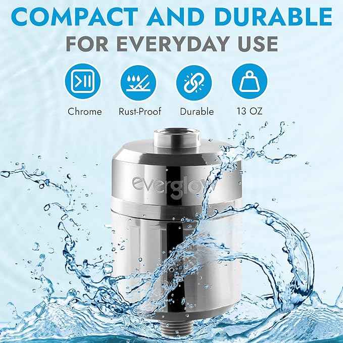 EVERGLOW High-Output Shower Filter, Reduces Chlorine, Dry Skin, Dandruff, Eczema, Heavy Metals and Vitamin C Infused for Dandruff and Softens Hard Water, 4.7”, Chrome