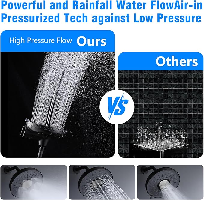 Shower System, Wall Mounted Shower Faucet Set with Filter, High Pressure Rain Shower Head with Handheld Spray Combo with Filter for Hard Water, Matte Black Rectangular Valve