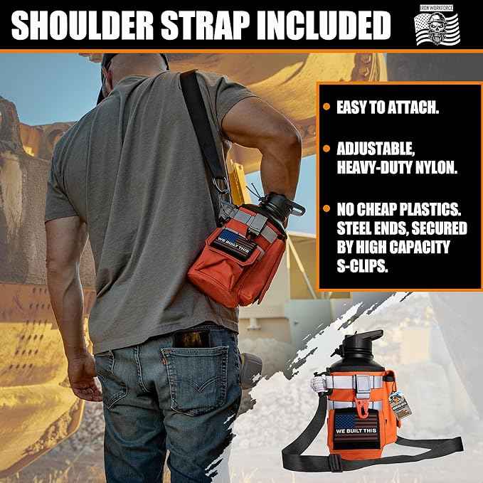 Iron Infidel Workforce Water Bottle - 64 oz Insulated Stainless Steel | Half Gallon Vacuum Water Jug | Paracord Handle, Removable Sleeve | Large Thermal Flask | Hiking, Camping, Workouts (Orange)