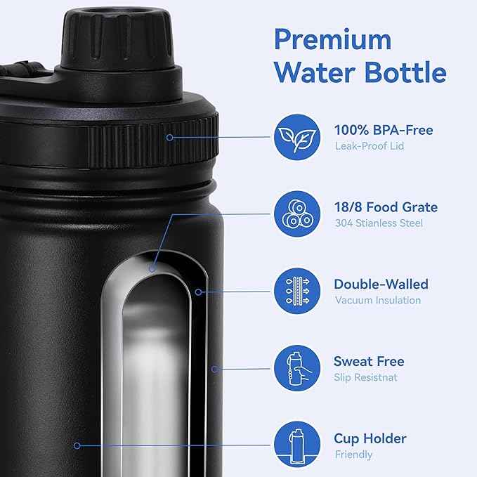 DOMICARE 16 oz Kids Water Bottle for School Stainless Steel Double Wall Vacuum Insulated Water Bottle with Straw lids & Spout Lid, Leakproof BPA Free （Black,8)