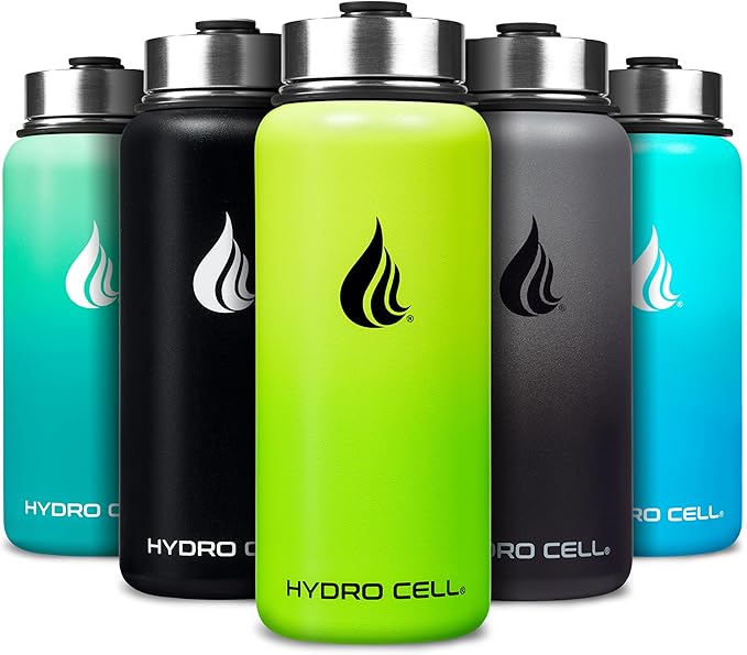 HYDRO CELL Stainless Steel Insulated Water Bottle with Straw - For Cold & Hot Drinks - Metal Vacuum Flask with Screw Cap and Modern Leakproof Sport Thermos for Adults (Neon 32oz)